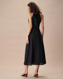 The Black Collared Frill Trim Linen Maxi Dress -Outlet Dress Mix Up Store the black frill trim maxi dress dresses ujdyhz