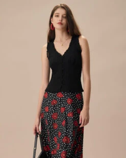 The Black V-Neck Frill Trim Tank Top