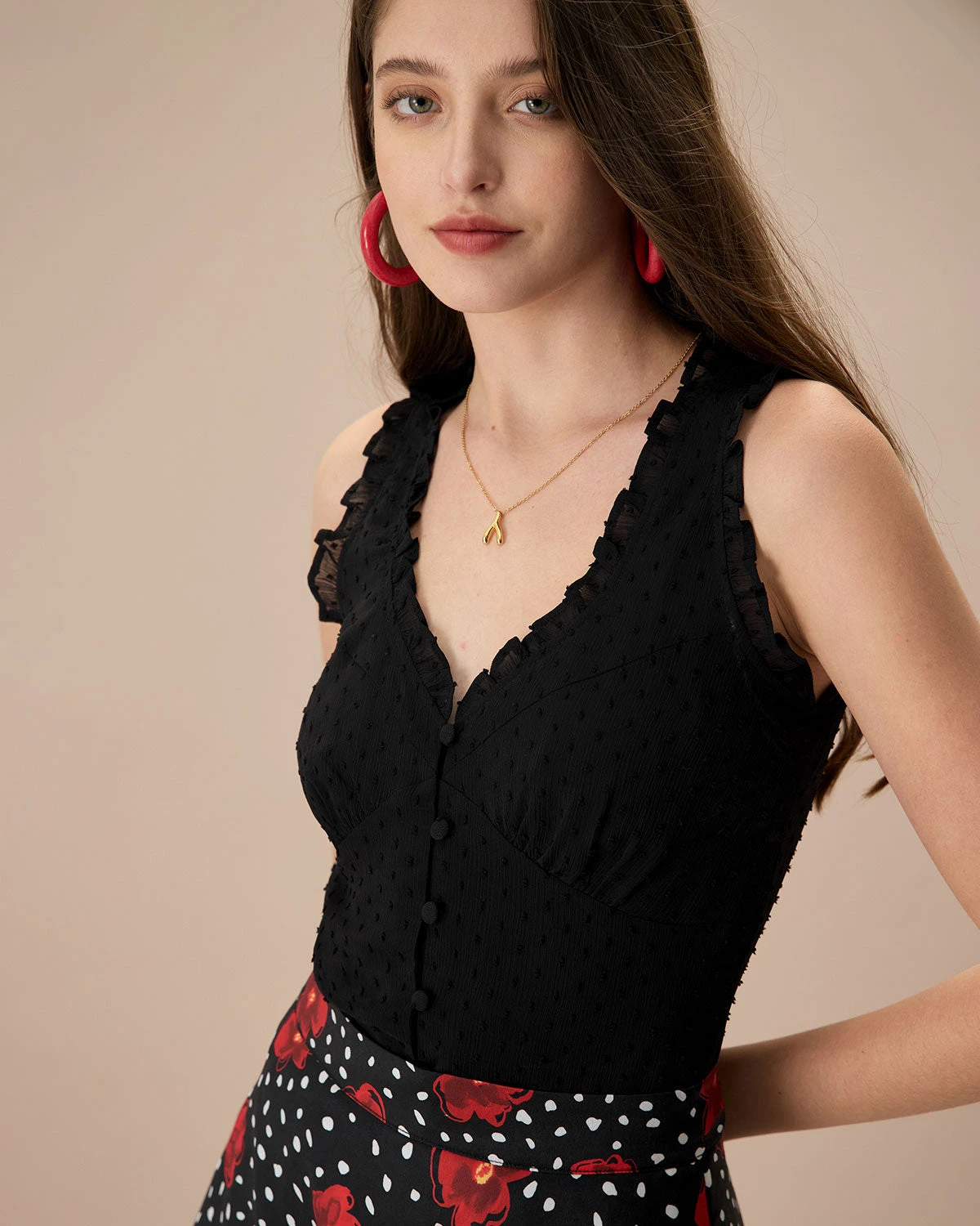 The Black V-Neck Frill Trim Tank Top 2 The Black V-Neck Frill Trim Tank Top - Image 2