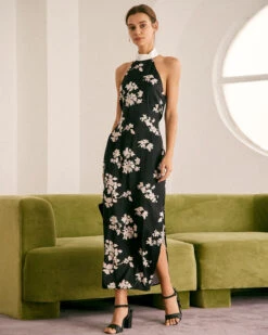 The Black Halter Floral Backless Maxi Dress -Outlet Dress Mix Up Store the black halter floral backless maxi dress black dresses ynzr5a