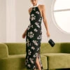 The Black Halter Floral Backless Maxi Dress