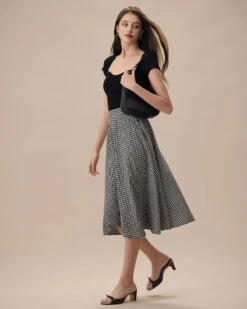 The Black High Waisted Plaid Pocket Midi Skirt -Outlet Dress Mix Up Store the black high waisted plaid pocket midi skirt bottoms ms5r4z