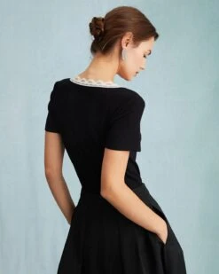 The Black Square Neck Ribbed Lace Trim Knit Tee -Outlet Dress Mix Up Store the black lace trim knit tee tops a8bpiy 833156