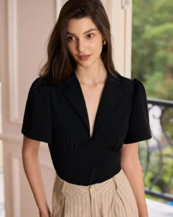 The Black Lapel Ruched Blouse 8 The Black Lapel Ruched Blouse -Outlet Dress Mix Up Store the black lapel ruched blouse black tops e9fxvh