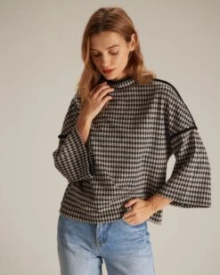 The Black Mock Neck Houndstooth Sweatshirt -Outlet Dress Mix Up Store the black mock neck houndstooth sweatshirt tops taecsk