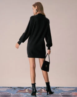 The Black Lantern Sleeve Sweater Mini Dress -Outlet Dress Mix Up Store the black mock neck lantern sleeve sweater dress dresses necers