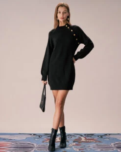 The Black Lantern Sleeve Sweater Mini Dress -Outlet Dress Mix Up Store the black mock neck lantern sleeve sweater dress dresses z3zd6t