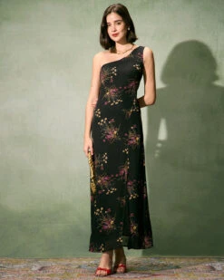The Black One-Shoulder Floral Slit Maxi Dress -Outlet Dress Mix Up Store the black one shoulder floral slit maxi dress dresses 77fy2o