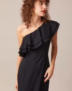 The Black One Shoulder Flounce Maxi Dress -Outlet Dress Mix Up Store the black one shoulder slit maxi dress dresses rddq08