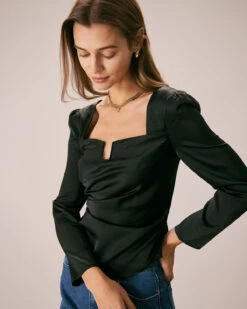 The Black Square Neck Ruched Satin Blouse 9 The Black Square Neck Ruched Satin Blouse -Outlet Dress Mix Up Store the black satin ruched blouse black tops 9sw1h0