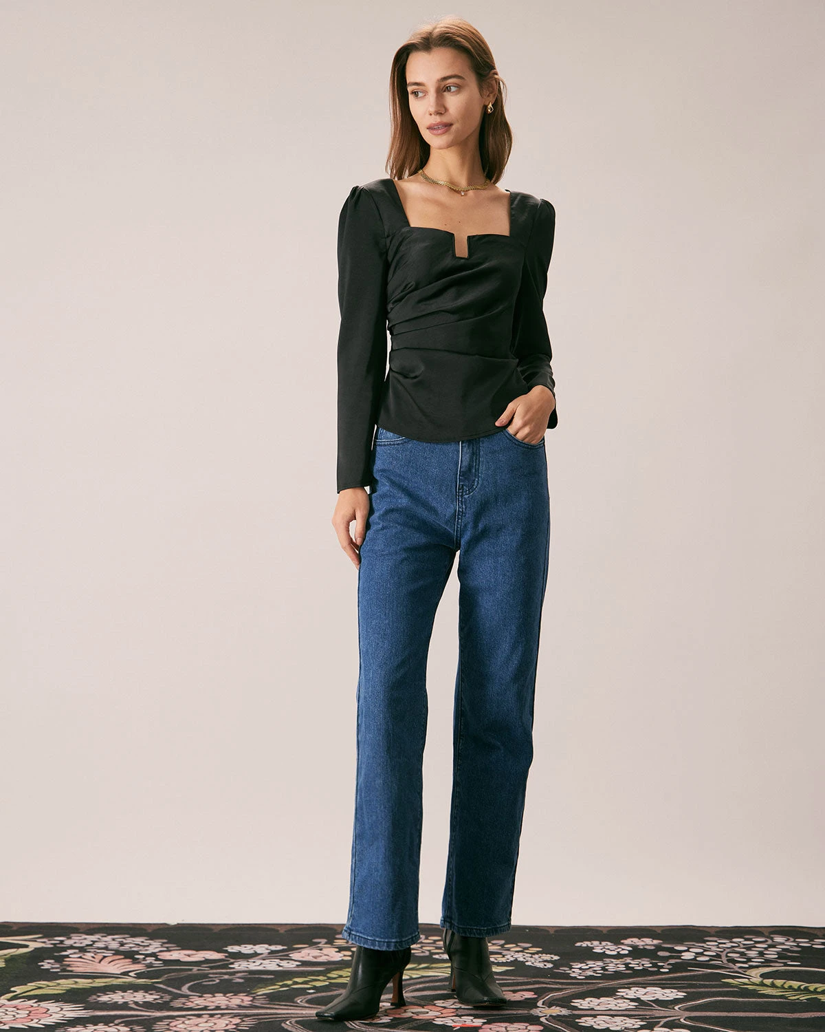 The Black Square Neck Ruched Satin Blouse 5 The Black Square Neck Ruched Satin Blouse - Image 5