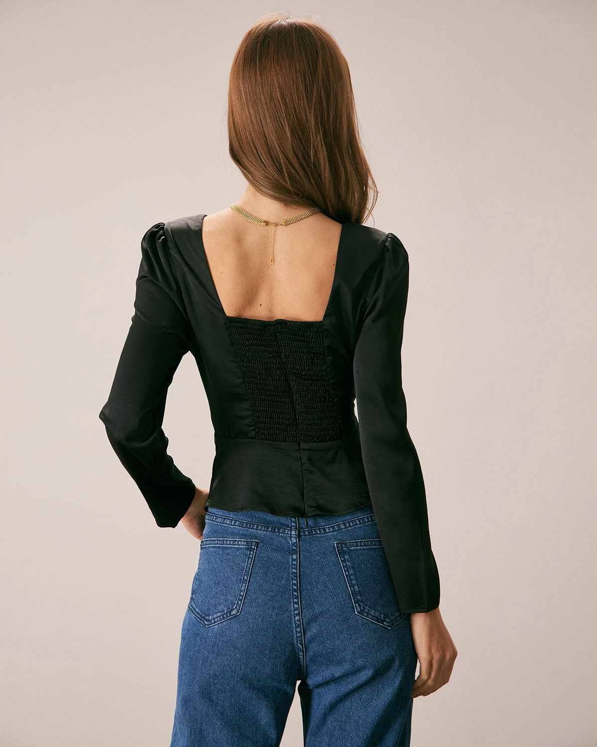 The Black Square Neck Ruched Satin Blouse 6 The Black Square Neck Ruched Satin Blouse - Image 6