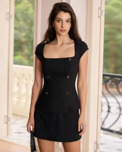 The Black Square Neck Button Cotton Linen Blouse -Outlet Dress Mix Up Store the black square neck button blouse tops zkqqow