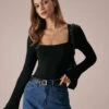 The Black Square Neck Slit Flare Sleeve Tee