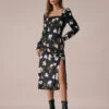 The Black Square Neck Floral Slit Midi Dress