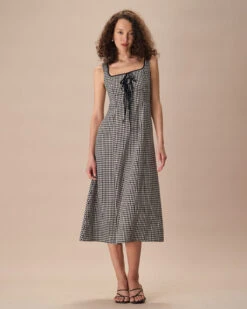 The Black Square Neck Tie Plaid Midi Dress 6 The Black Square Neck Tie Plaid Midi Dress -Outlet Dress Mix Up Store the black square neck tie plaid midi dress dresses 9vxwtk