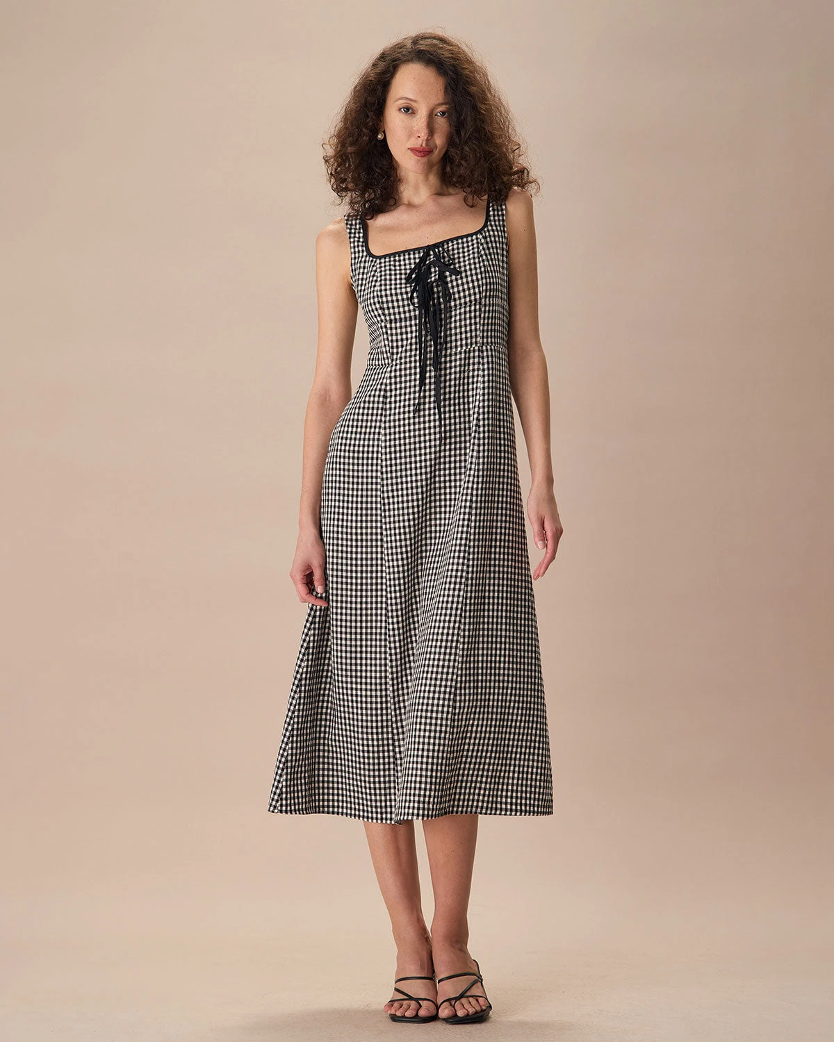 The Black Square Neck Tie Plaid Midi Dress 3 The Black Square Neck Tie Plaid Midi Dress - Image 3