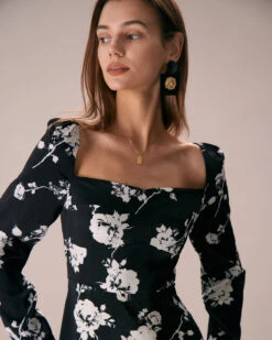 The Black Sweetheart Neck Floral Midi Dress -Outlet Dress Mix Up Store the black sweetheart neck floral midi dress dresses vuppki