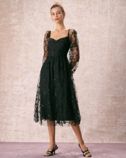 The Black Sweetheart Neck Mesh Midi Dress -Outlet Dress Mix Up Store the black sweetheart neck mesh midi dress dresses zen7ck