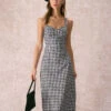 The Black Sweetheart Neck Plaid Midi Dress