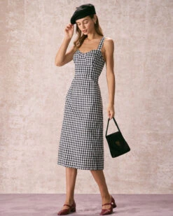 The Black Sweetheart Neck Plaid Midi Dress -Outlet Dress Mix Up Store the black sweetheart neck plaid midi dress dresses mlgurv