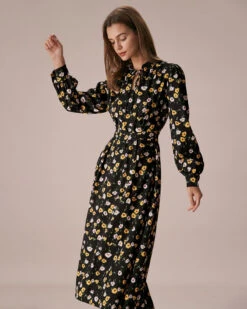 The Black Tie Neck Floral Ruched Midi Dress -Outlet Dress Mix Up Store the black tie neck floral midi dress dresses 3hd0qf