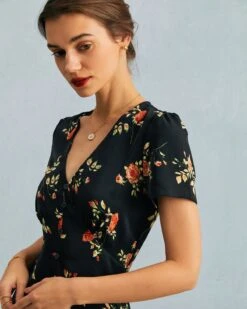 The Black V Neck Floral Short Sleeve Maxi Dress -Outlet Dress Mix Up Store the black v neck button detail floral maxi dress dresses drpmgl 927661