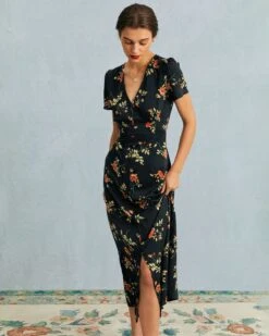 The Black V Neck Floral Short Sleeve Maxi Dress -Outlet Dress Mix Up Store the black v neck button detail floral maxi dress dresses exocdd 347326