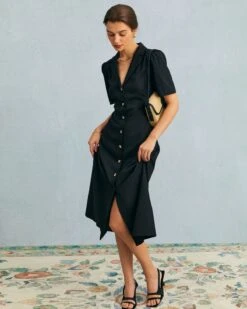 The Black V Neck Button Puff Sleeve Midi Dress -Outlet Dress Mix Up Store the black v neck button up midi dress dresses b2j9fe 638040