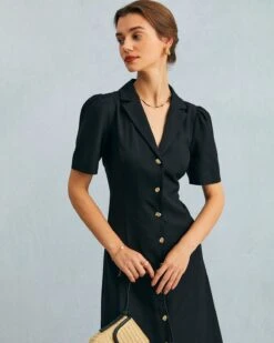 The Black V Neck Button Puff Sleeve Midi Dress -Outlet Dress Mix Up Store the black v neck button up midi dress dresses evl6hi 753672