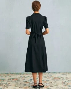 The Black V Neck Button Puff Sleeve Midi Dress -Outlet Dress Mix Up Store the black v neck button up midi dress dresses svbl6d 226033