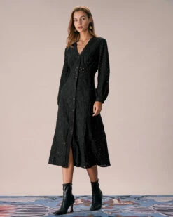 The Black V Neck Cutout Embroidery Midi Dress -Outlet Dress Mix Up Store the black v neck embroidery midi dress dresses xg8chp