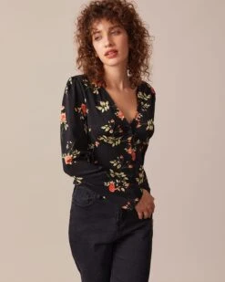 The Black V Neck Floral Button Up Blouse -Outlet Dress Mix Up Store the black v neck floral blouse tops wotucd 429452