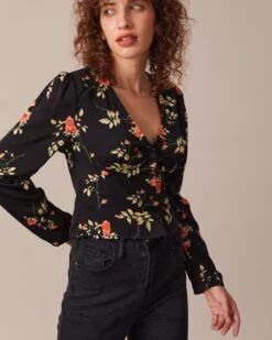 The Black V Neck Floral Button Up Blouse -Outlet Dress Mix Up Store the black v neck floral blouse tops zegyc3 209738