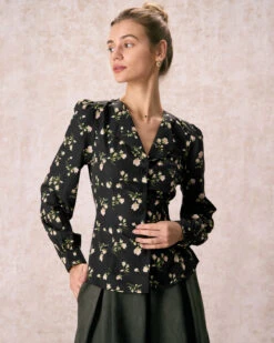 The Black V Neck Floral Long Sleeve Shirt