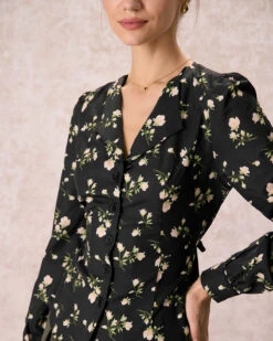 The Black V Neck Floral Long Sleeve Shirt -Outlet Dress Mix Up Store the black v neck floral button shirt tops jrtqo6