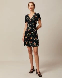 The Black V Neck Floral Button Up Mini Dress -Outlet Dress Mix Up Store the black v neck floral mini dress dresses eifvjw 460255