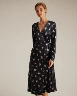 The Black V Neck Floral Velvet Wrap Midi Dress -Outlet Dress Mix Up Store the black v neck floral velvet midi dress dresses 37zyji