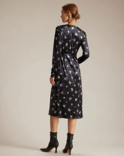 The Black V Neck Floral Velvet Wrap Midi Dress -Outlet Dress Mix Up Store the black v neck floral velvet midi dress dresses hyidk7