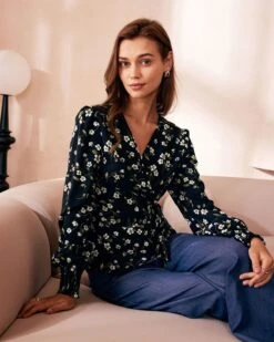 The Black V Neck Floral Shirred Wrap Blouse