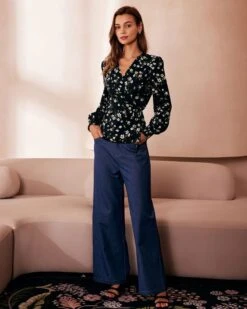 The Black V Neck Floral Shirred Wrap Blouse -Outlet Dress Mix Up Store the black v neck floral wrap blouse tops t9hcer 719654