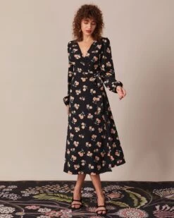 The Black V Neck Floral Wrap Midi Dress -Outlet Dress Mix Up Store the black v neck floral wrap dress dresses 5kn4ga 625433