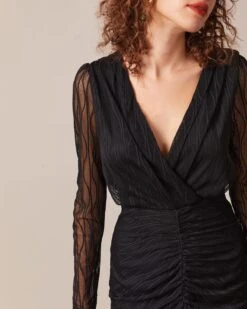 The Black V Neck Sheer Sleeve Lace Midi Dress -Outlet Dress Mix Up Store the black v neck lace midi dress dresses rvudgr