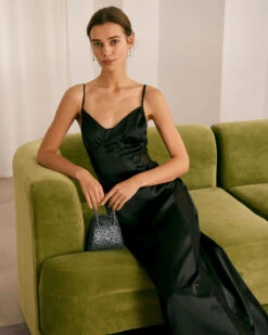 The Black V Neck Mesh Satin Slip Maxi Dress -Outlet Dress Mix Up Store the black v neck mesh satin maxi dress black dresses yioxxh