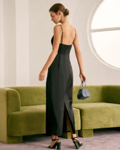 The Black V Neck Mesh Satin Slip Maxi Dress -Outlet Dress Mix Up Store the black v neck mesh satin maxi dress dresses koqdwg