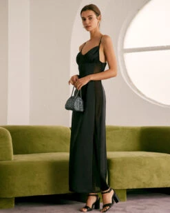 The Black V Neck Mesh Satin Slip Maxi Dress -Outlet Dress Mix Up Store the black v neck mesh satin maxi dress dresses tshtuh