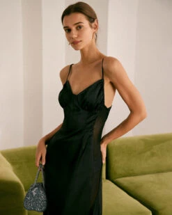 The Black V Neck Mesh Satin Slip Maxi Dress -Outlet Dress Mix Up Store the black v neck mesh satin maxi dress dresses vkiepk