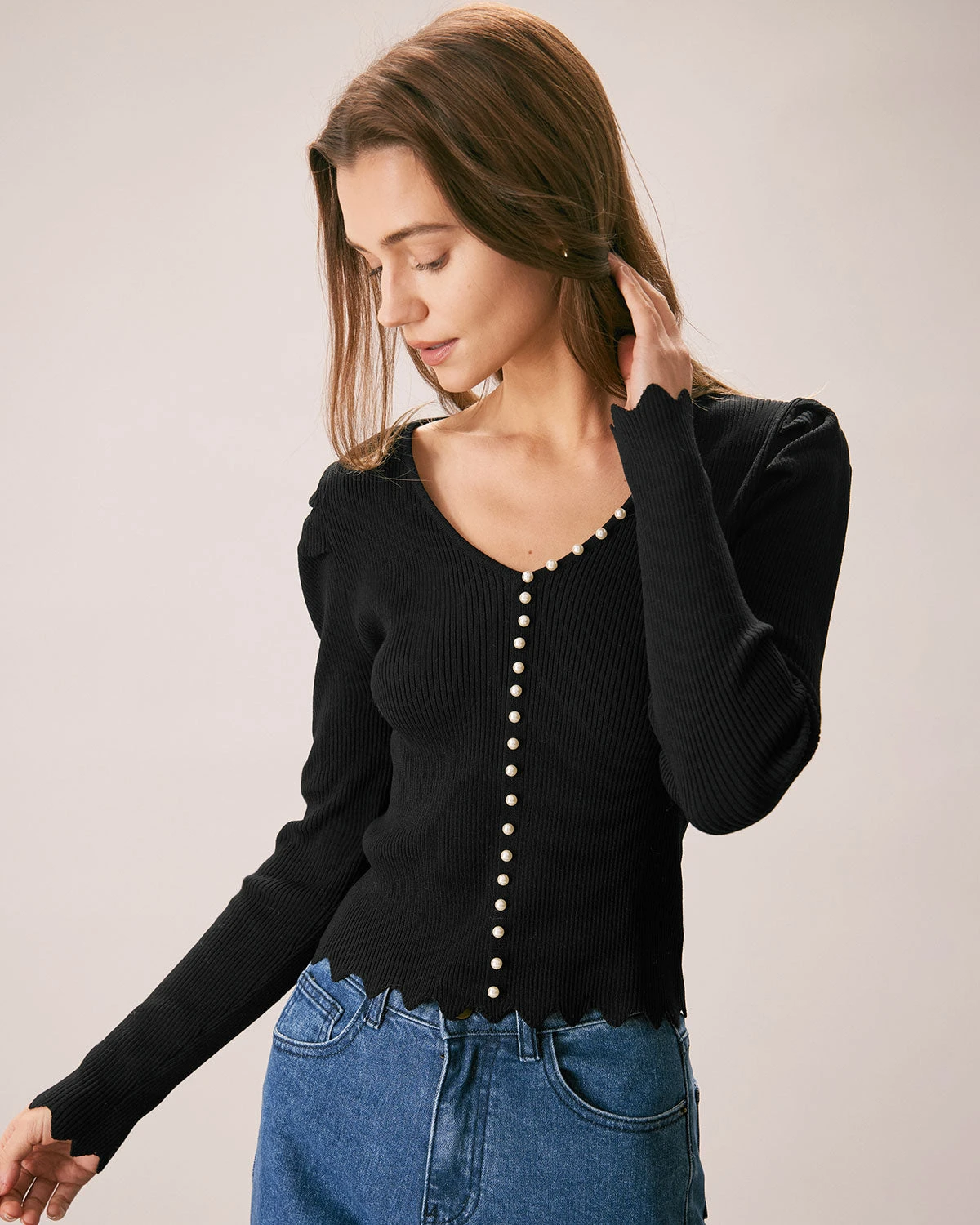 The Black V Neck Pearl Button Knit Top 1 The Black V Neck Pearl Button Knit Top