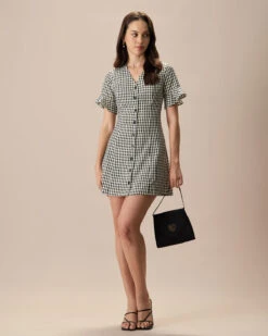 The Black V Neck Plaid Cotton Mini Dress -Outlet Dress Mix Up Store the black v neck plaid ruffle mini dress dresses 4mbuh1