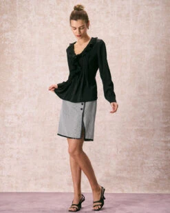 The Black V Neck Ruffle Long Sleeve Blouse -Outlet Dress Mix Up Store the black v neck pleated blouse tops rh3ccn